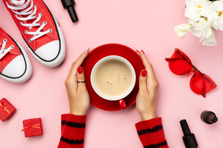 Creative composition with red sneakers, cosmetics and accessoryの写真素材