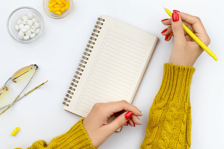 Female well-groomed hands writes in a notepad with pills on the background. Health care treatment...