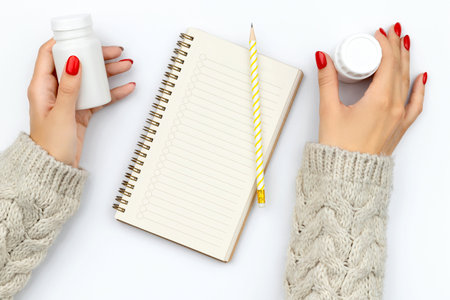 Female hands in sweater holds bottles with pills. Health care treatment concept