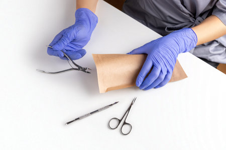Master of manicure in gloves put tools in paper bag for sterilizing