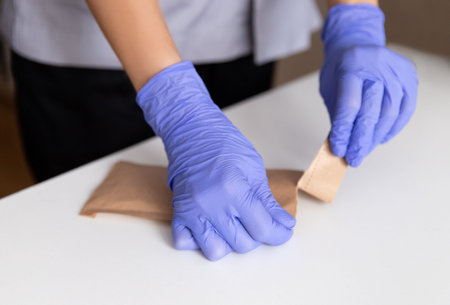Master of manicure in rubber gloves open tools after sterilizing