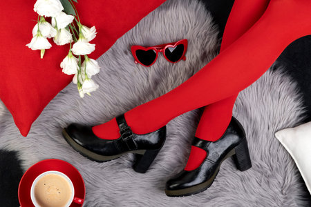 Womens legs in fashionable shoes on gray furry background. Footwear shopping sale concept