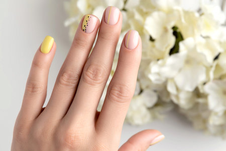 Womans hands with spring summer nail design. Fashionable trendy female manicure in minimal style. Beauty salon templateの写真素材