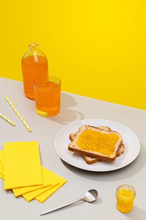 Delicious toast with lemon jam on gray backgroundの写真素材