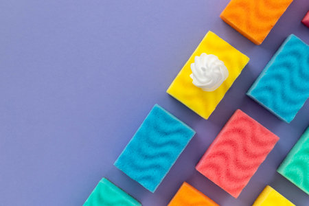 Pattern with colorful sponges for dishwashing and foam on purple background