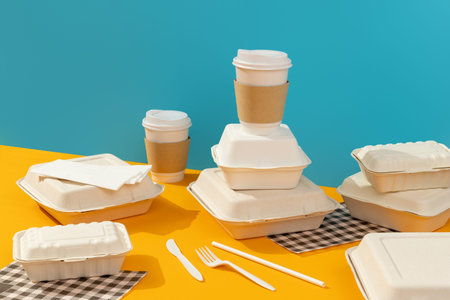 Lunchboxes, cutlery and drinks on orange table. Food delivery conceptの写真素材
