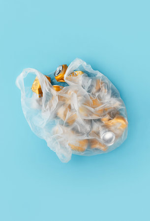 BANGKOK, THAILAND - MARCH 16TH, 2021: rumpled singha lemon soda cans in plastic bag on blue backgroundのeditorial素材