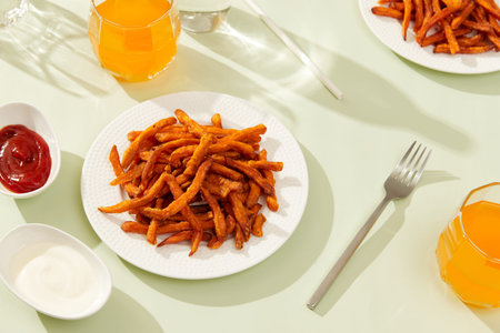 Sweet potato fries, nuts and drinks on green background with long shadows in minimal style