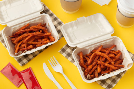 Lunchboxes with fries sweet potato, drink and sauce on yellow table. Flat lay top view food delivery...