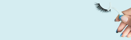 Womans hand holding applicators for false eyelashes on blue background