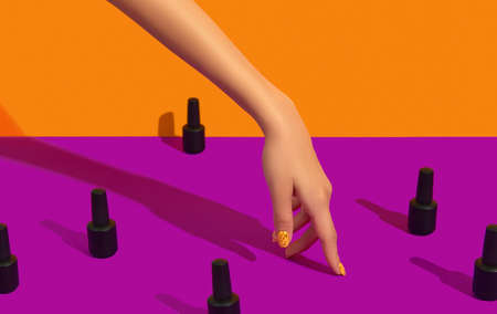 Manicured womans hand with nail varnish bottle on purple table. Beauty salon templateの写真素材