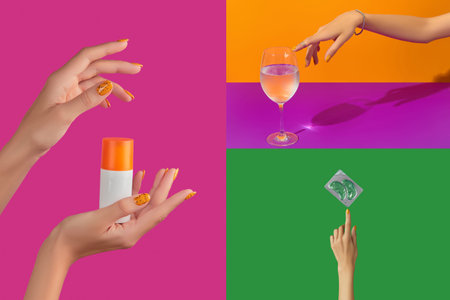 Womans hand with treatment cosmetics on colorful background