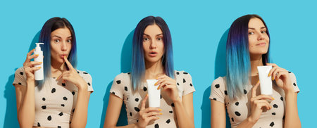 Collage with young adult woman with blue hair on bright background