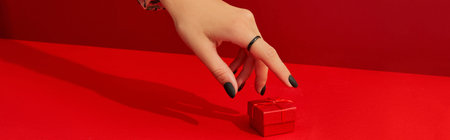 Beautiful groomed womans hands with gift box on red background. Halloween shopping sale concept