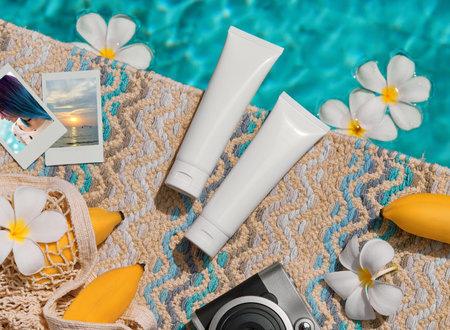 Lotion cream set near swimming pool. Face body care summer beauty treatment
