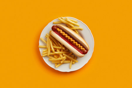 Traditional hot dog with french fries in plate on orange background. Restaurant menuの写真素材