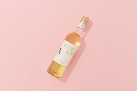 KYIV, UKRAINE - SEPTEMBER 22, 2021. Bottle of alcohol free VI-NO ZE-RO Cabernet Sauvignon white wine on pink backgroundのeditorial素材