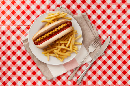 Traditional hot dogs, french fries, drink and sauces. Restaurant menuの写真素材