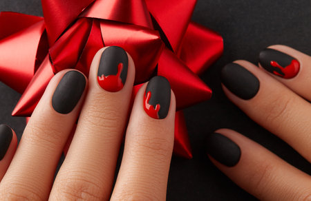 Beautiful groomed womans hands with gift box on black background. Halloween shopping sale conceptの写真素材