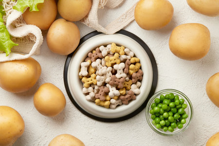 Dry dog vegan vegetarian food concept. Raw vegetables and green near bowl with pet feed