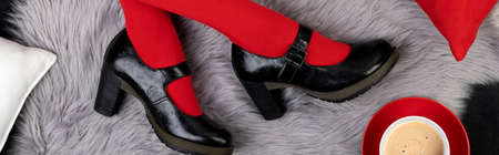Womens legs in fashionable shoes on gray furry backgroundの写真素材