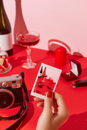 Marriage proposal valentines day concept. Ring, sparkling wine, glasses,candies and cosmetics on red tableの写真素材