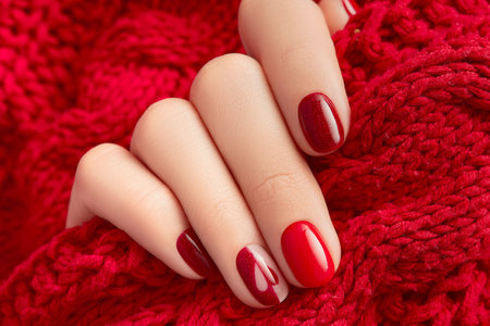 Manicured womans hand holding knitted fabric. Manicure, pedicure design trendsの写真素材