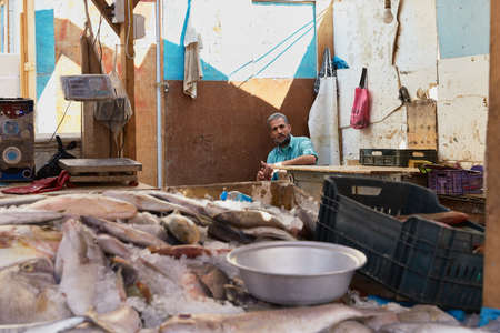HURGHADA, EGYPT - FEBRUARY 19, 2022: Local fish seller sitting in the market. Fresh caught fishes at fish marketのeditorial素材