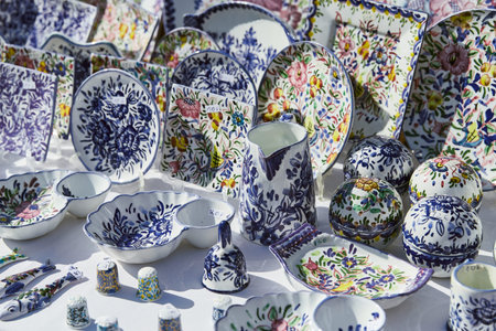 Traditional ceramic on street market stall. Portuguese souvenir. Local businessの写真素材