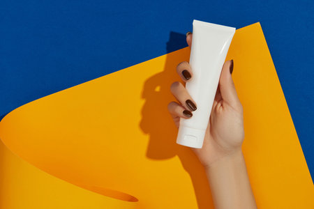 Womans hand holding cosmetic on orange background with copy space