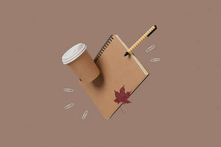 Office supplies stationery levitate on beige background Business creative layoutの写真素材