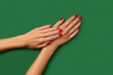 Womans hands with trendy christmas red manicure on green backgroundの写真素材