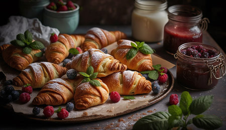 Fresh croissants topped with berries on a tray. Homemade bakery concept. AI generatedの素材