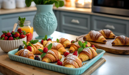 Fresh croissants topped with berries on baking dish. Homemade bakery concept. Kitchen appliances and decor on background.の素材