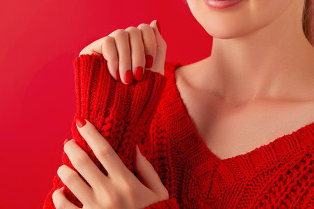 Female hands with manicure in sweater. Red matt nail designの写真素材