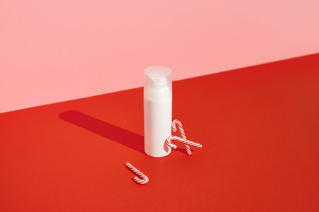 Bottle of cosmetic cream with candy cane on a pink backgroundの写真素材