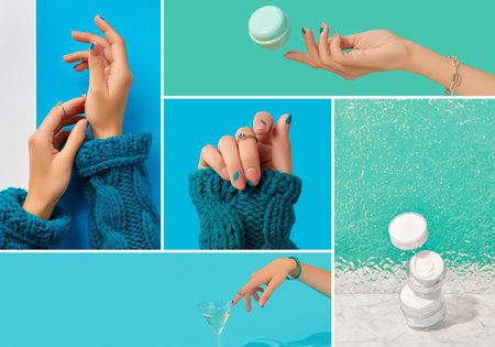 Collage with manicured womans hands on blue background. Manicure design trendsの写真素材