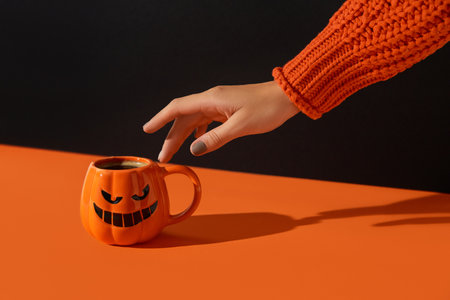 Cappuccino latte coffee in pumpkin cup on black orange background. Halloween celebration conceptの写真素材