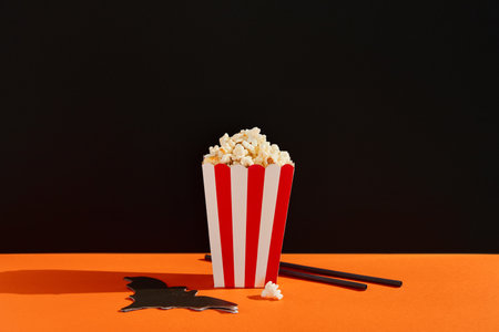 Striped box with popcorn, bat napkin and straws on an orange black backgroundの写真素材