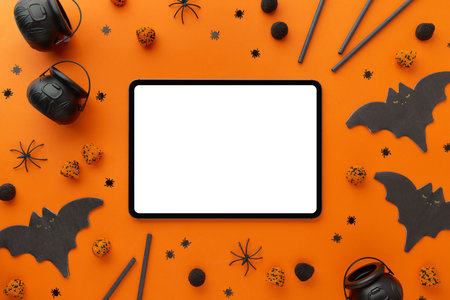 Digital tablet with halloween decor on an orange black backgroundの写真素材
