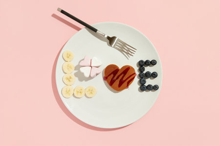 A Love symbol made of heart shaped pancake, marshmallow and fruits on the white plate with forkの写真素材