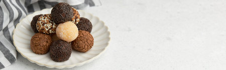 Typical Brazilian sweet brigadeiro. A heap of assorted flavors of candies on a white table with copy...