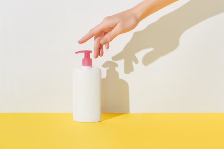 Womans hand touch white bottle on pastel yellow and white background. Self care conceptの写真素材