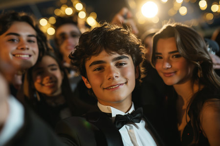 Group of teenagers having fun, taking photo together at school promの素材