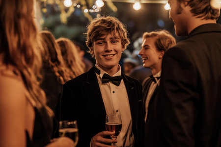 A group of teenagers dressed in suits and dresses celebrates their school graduationの素材