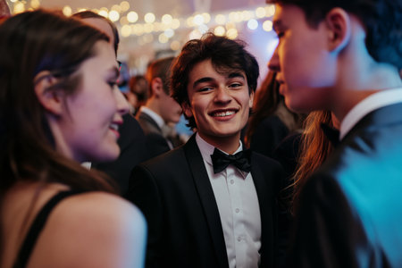 A group of teenagers dressed in suits and dresses celebrates their school graduationの素材