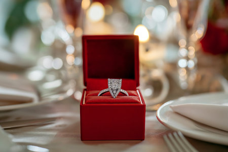 Engagement ring in a red box on a served table. Valentines Day dinnerの素材