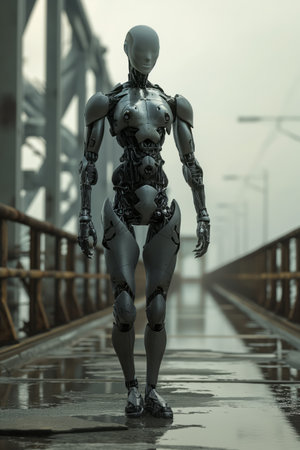 Futuristic android stands amidst sci-fi city, artificial intelligence with urban cybernetic tableauの素材