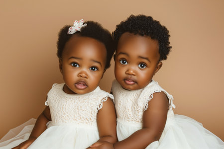 Cute African American identical twin toddlers against a pastel brown backgroundの素材