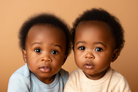 Cute African American identical twin toddlers against a pastel brown backgroundの素材